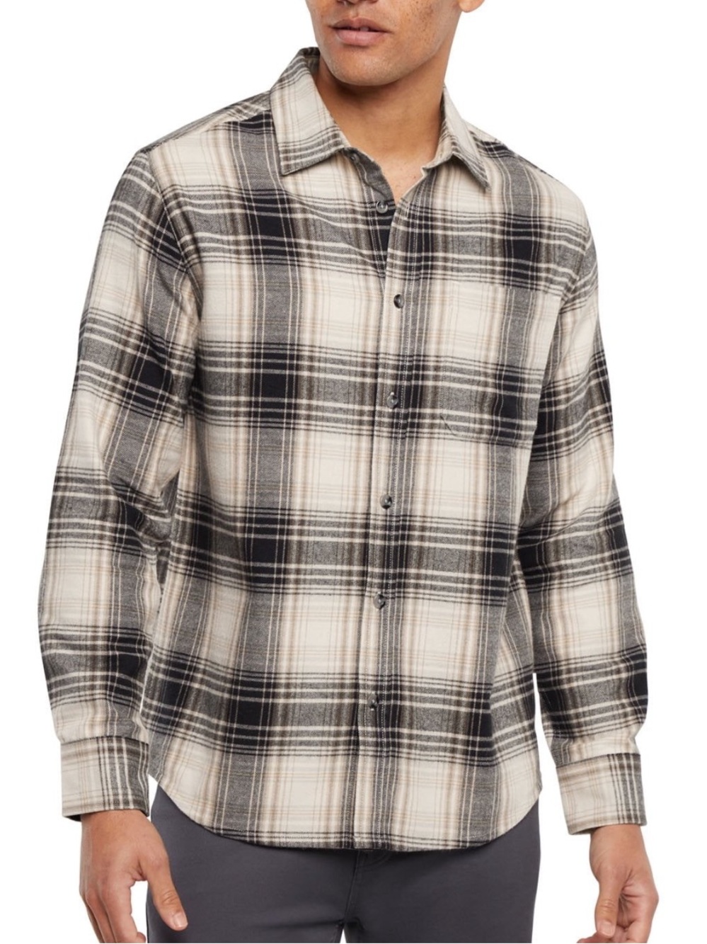 Eddie Bauer Beige and Black Plaid Flannel Shirt